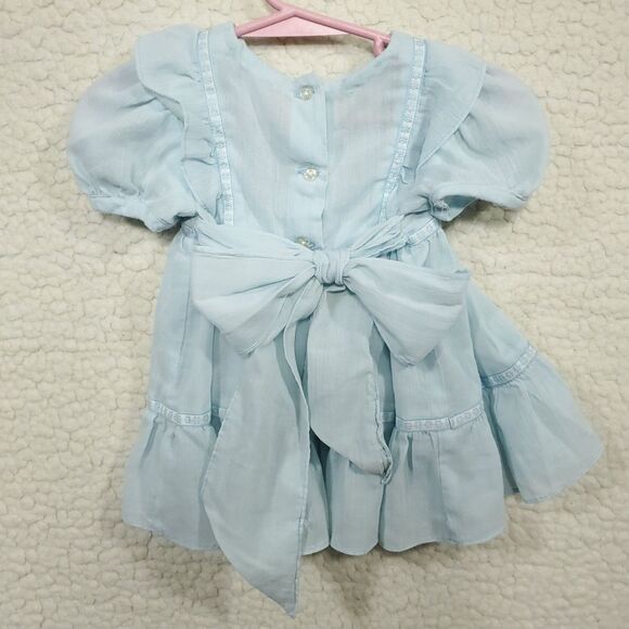 Vintage Girls Handmade Blue Dress Puff Sleeves Back Bow Bodice Pleats & Ruffles - Picture 2 of 11